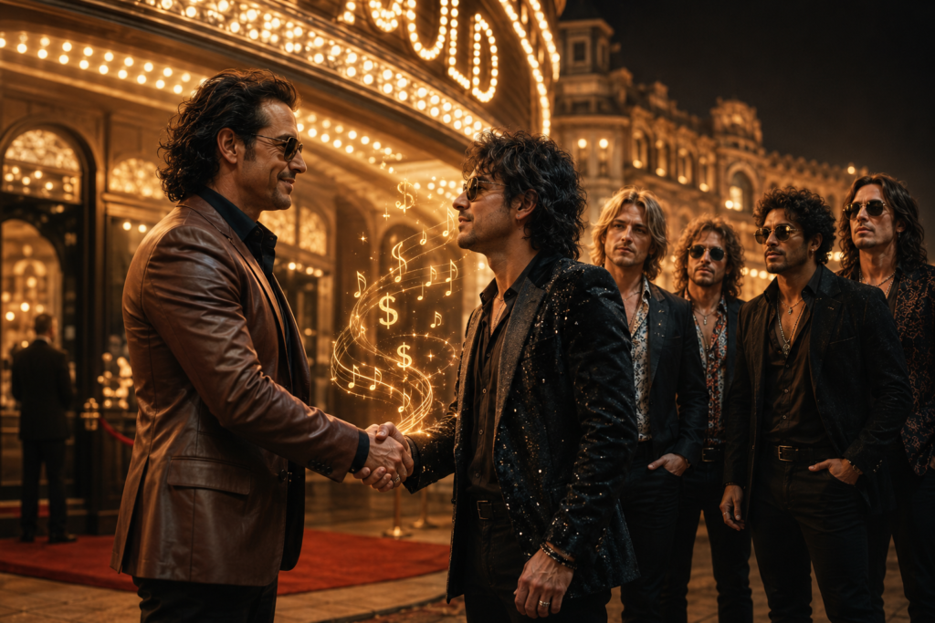 hero image of artist booking agent making a deal with a bandleader for representation.