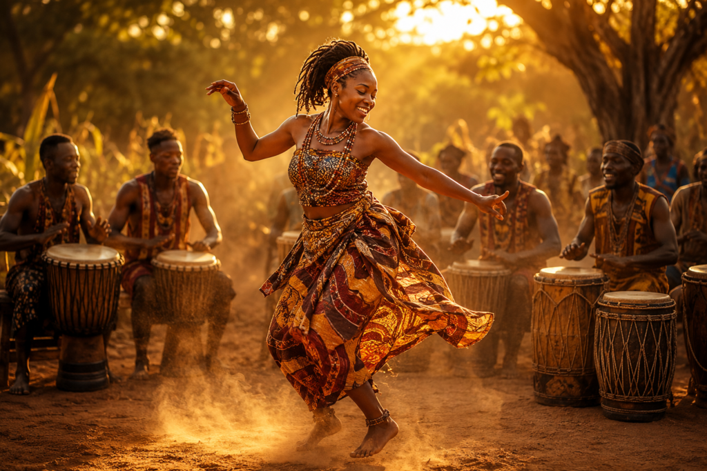 hero image of guinean mendiani celebration with drummers and a dancer.